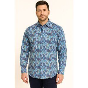 Luciano Visconti Mens Blue Geometric Long Sleeve Button-Up Shirt L 67% Cotton/33